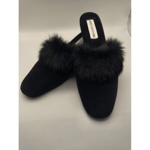 Jones New York Suede Faux Fur Mules 7- 8 Black Slipper Kitten Heel Slides